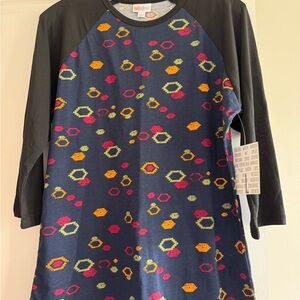LuLaRoe Navy Randy T with Colorful Geometric Patterns & Black Sleeves Size L